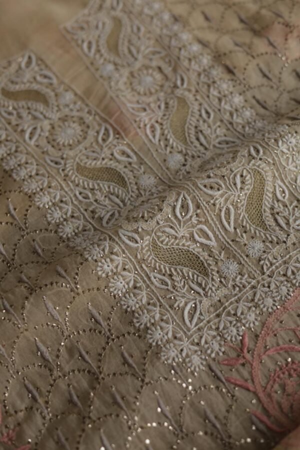 Beige Noor Organza Silk Chikankari With Mukaish Kamdani Fabric - Image 9