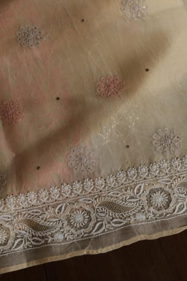 Beige Noor Organza Silk Chikankari With Mukaish Kamdani Fabric - Image 10