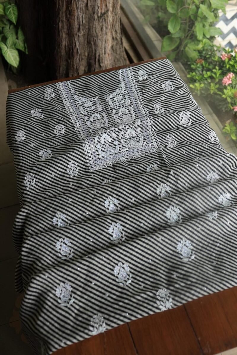 Black Kota Cotton Chikankari Unstitched Kurta Fabrics
