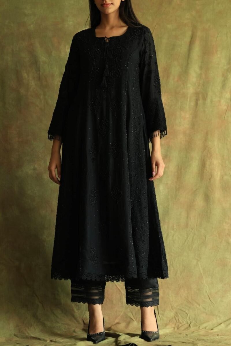 Black Mal Chanderi Pearl Work Chikankari Anarkali With Dupatta