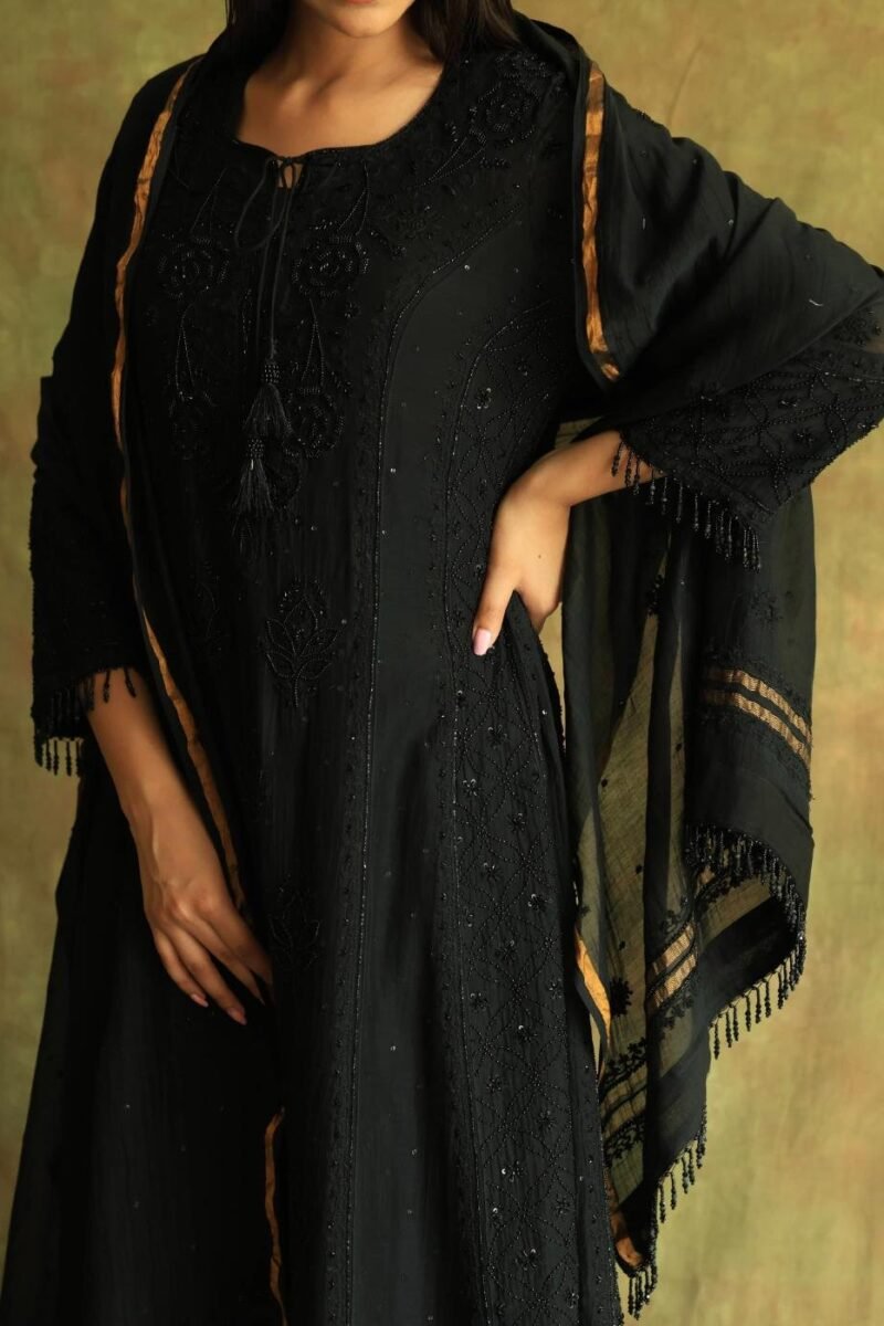 Black Mal Chanderi Pearl Work Chikankari Anarkali With Dupatta