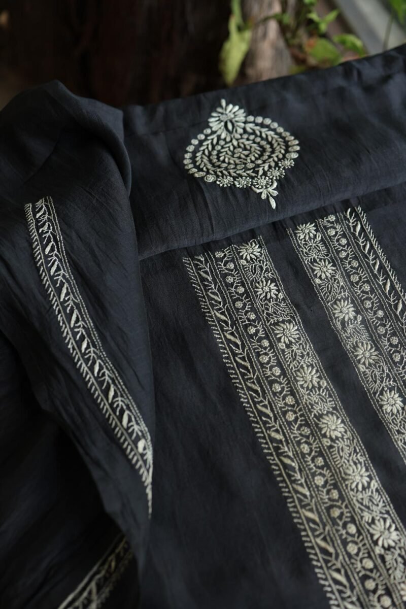 Black Malmal Chikankari Unstitched Men's Kurtas Fabrics