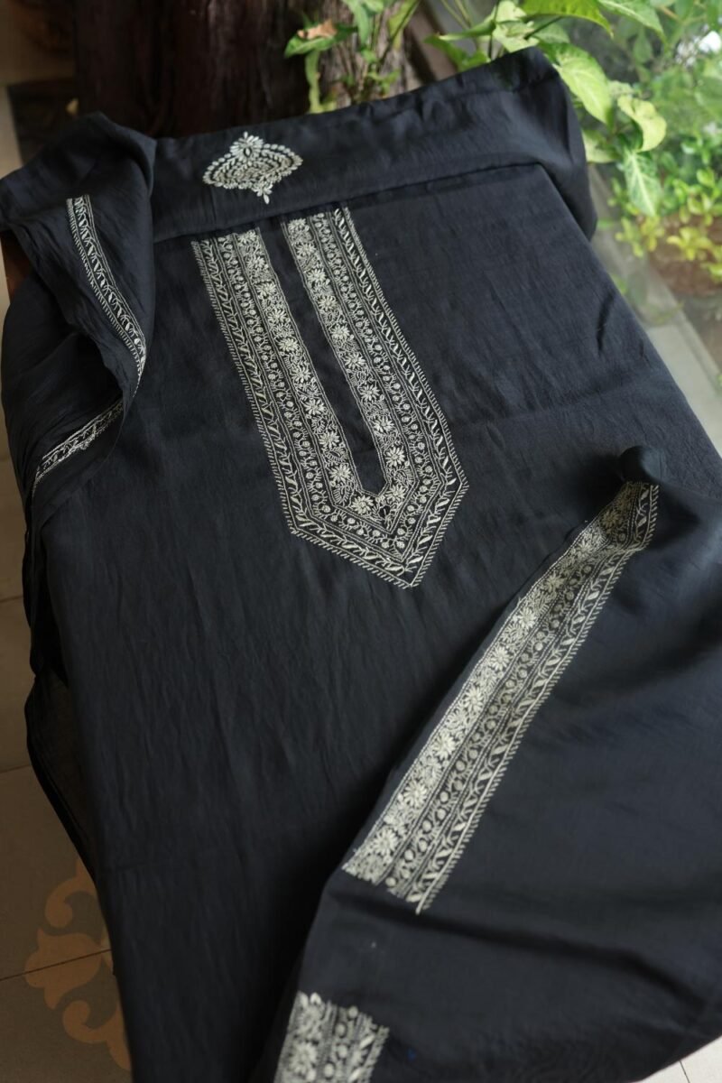 Black Malmal Chikankari Unstitched Men's Kurtas Fabrics