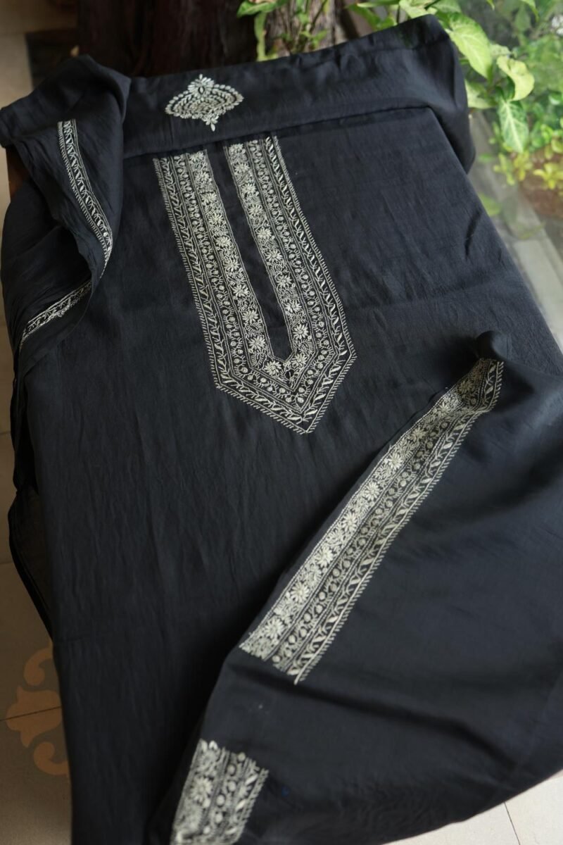 Black Malmal Chikankari Unstitched Men's Kurtas Fabrics