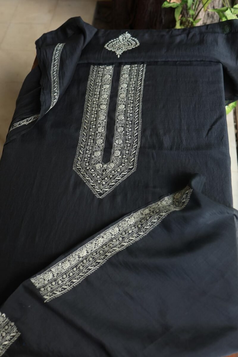 Black Malmal Chikankari Unstitched Men's Kurtas Fabrics