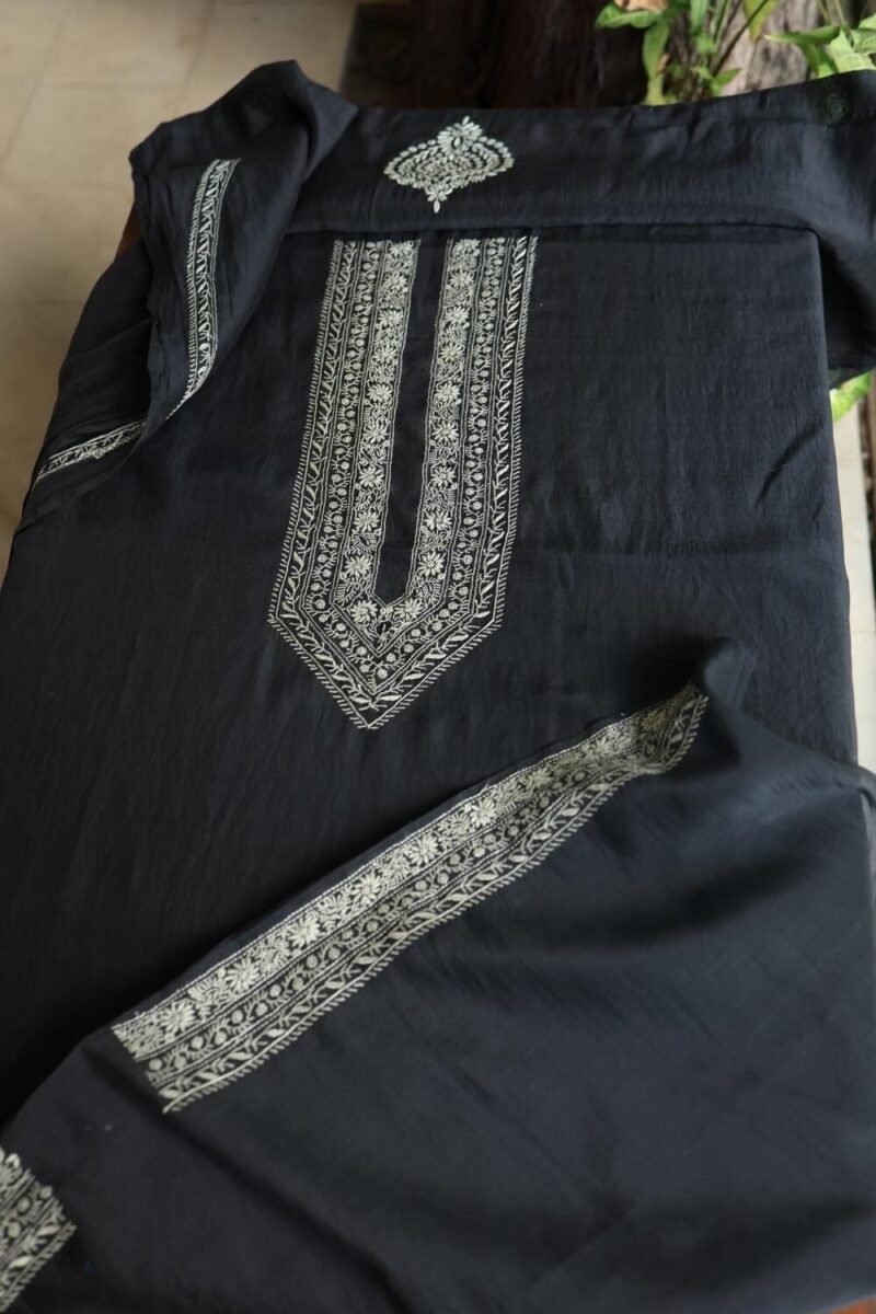 Black Malmal Chikankari Unstitched Men's Kurtas Fabrics