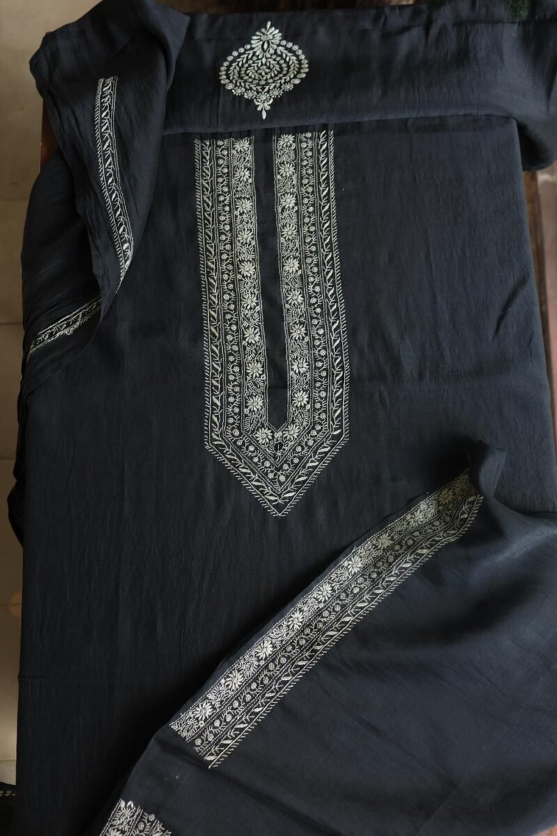 Black Malmal Chikankari Unstitched Men's Kurtas Fabrics