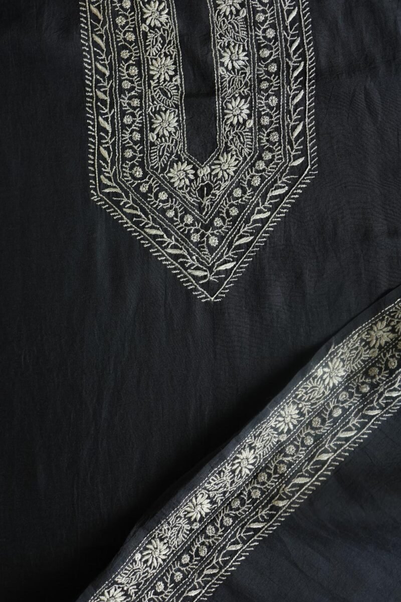 Black Malmal Chikankari Unstitched Men's Kurtas Fabrics