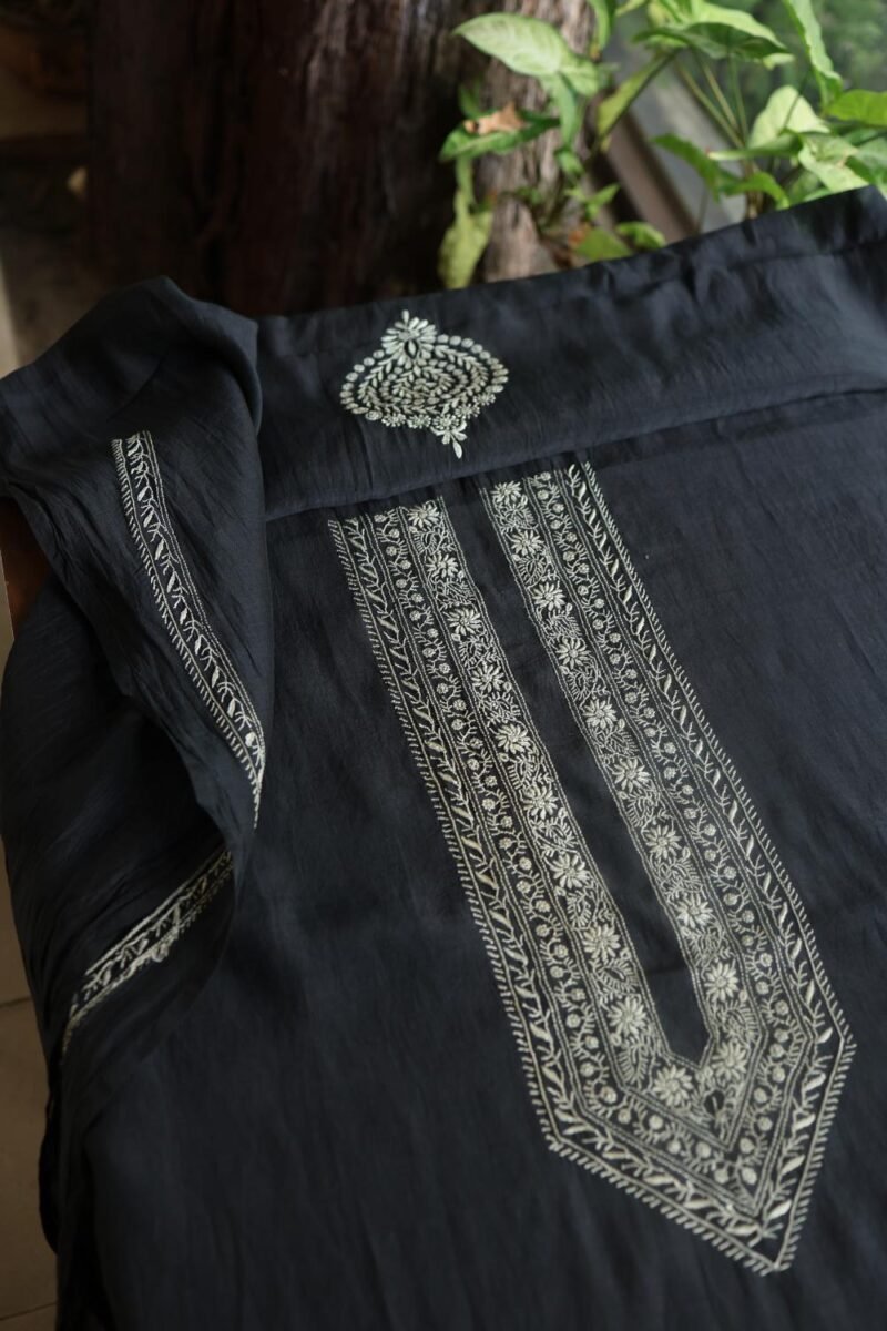 Black Malmal Chikankari Unstitched Men's Kurtas Fabrics