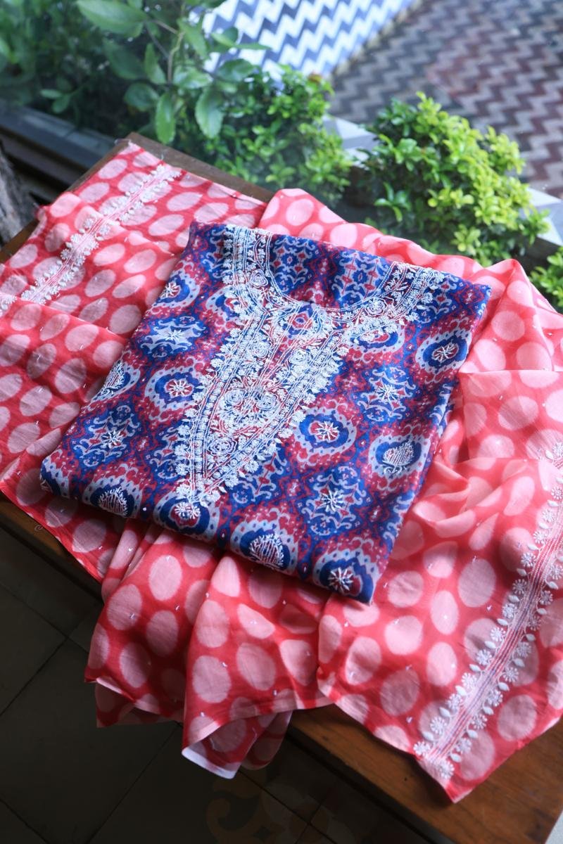 Black & Pink Soft Cotton Printed Unstitched Kurta Dupatta Set with Chikankari & Sequin Work