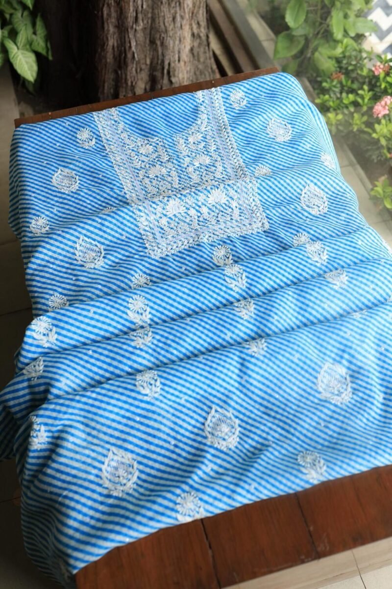 Blue Kota Cotton Chikankari Unstitched Kurta Fabrics