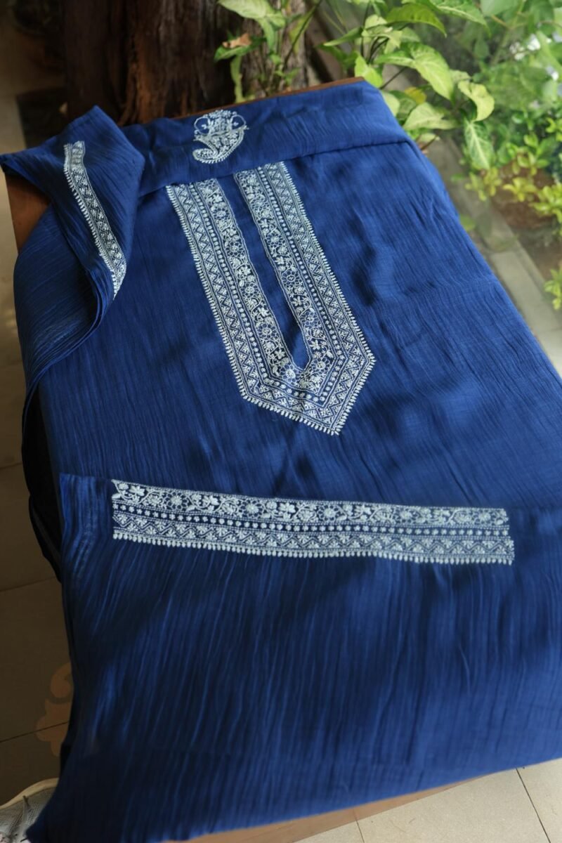 Blue Malmal Chikankari Unstitched Men's Kurtas Fabrics