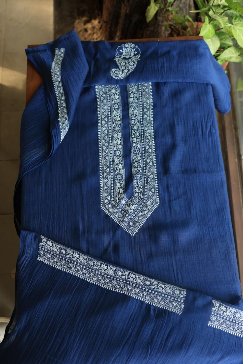 Blue Malmal Chikankari Unstitched Men's Kurtas Fabrics