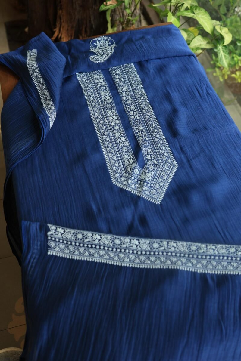 Blue Malmal Chikankari Unstitched Men's Kurtas Fabrics