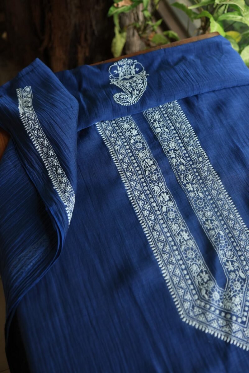 Blue Malmal Chikankari Unstitched Men's Kurtas Fabrics