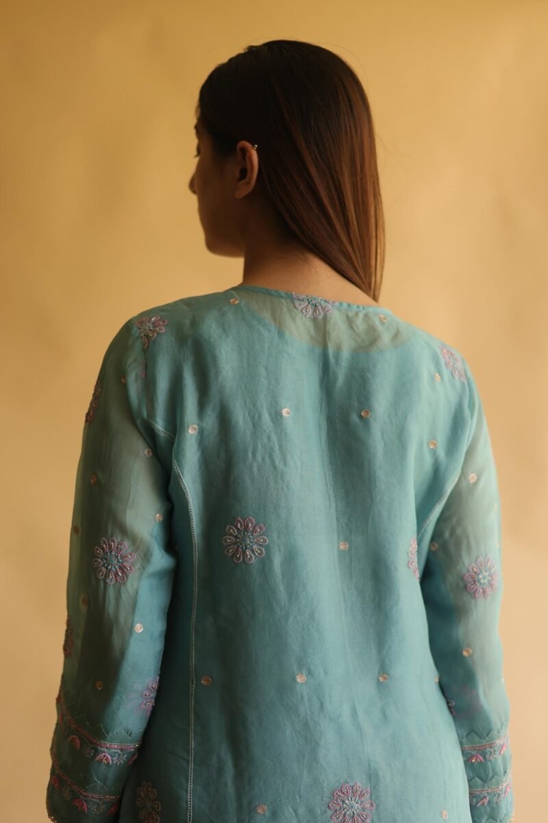 Blue Noor Organza Silk Chikankari Straight Cut Kurta Dupatta Set