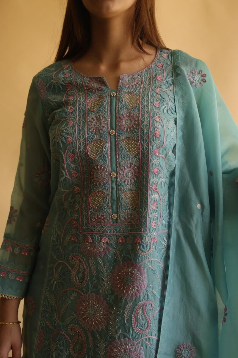 Blue Noor Organza Silk Chikankari Straight Cut Kurta Dupatta Set