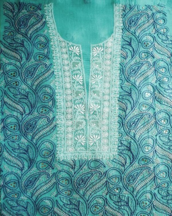 Blue Noor Organza Silk Chikankari With Mukaish Kamdani Fabric - Image 6