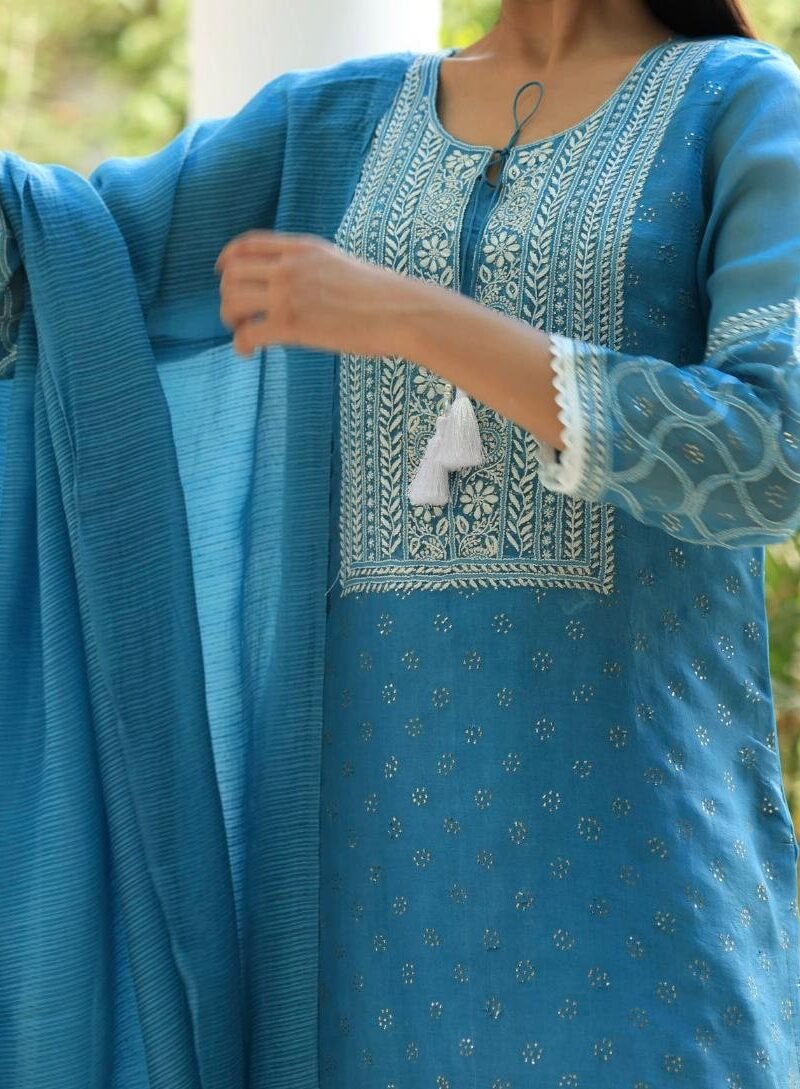 Blue Mukaish Kamdani Noor Organza Chikankari Kurta Set