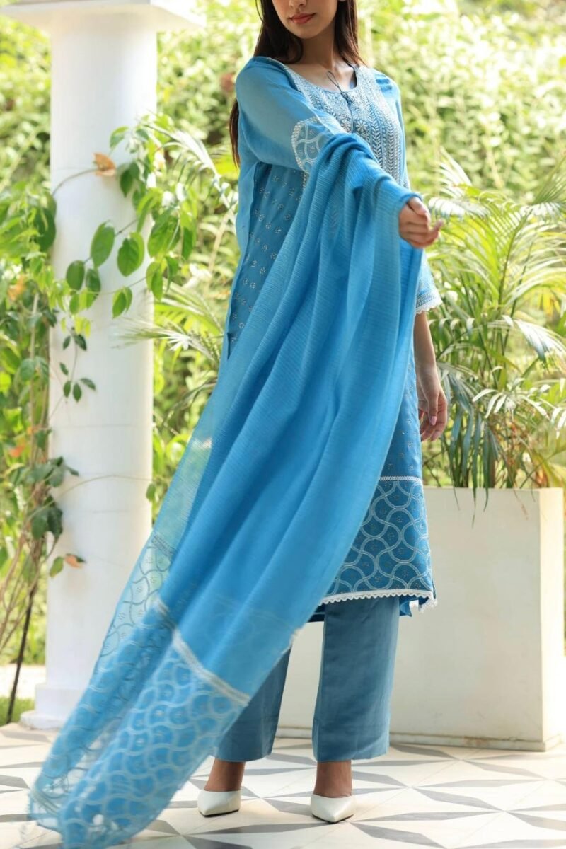 Blue Mukaish Kamdani Noor Organza Chikankari Kurta Set