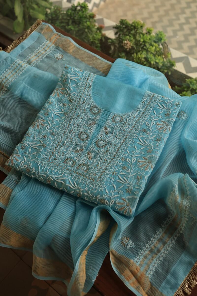 Blue Paper Tussar Resham Chikankari Unstitched Kurta Dupatta Set