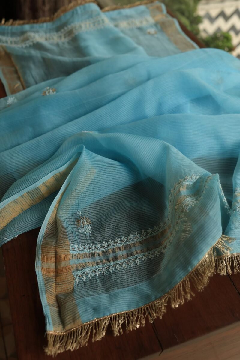 Blue Paper Tussar Resham Chikankari Unstitched Kurta Dupatta Set