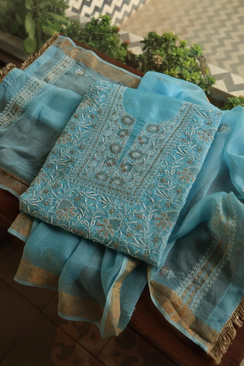 Blue Paper Tussar Resham Chikankari Unstitched Kurta Dupatta Set