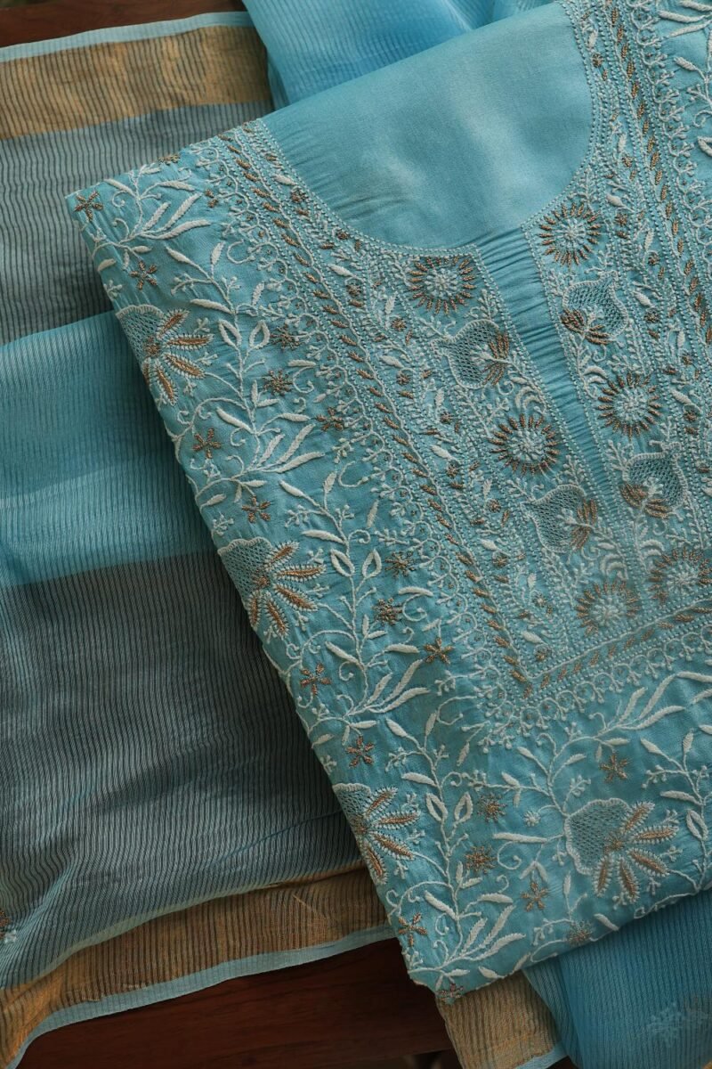 Blue Paper Tussar Resham Chikankari Unstitched Kurta Dupatta Set