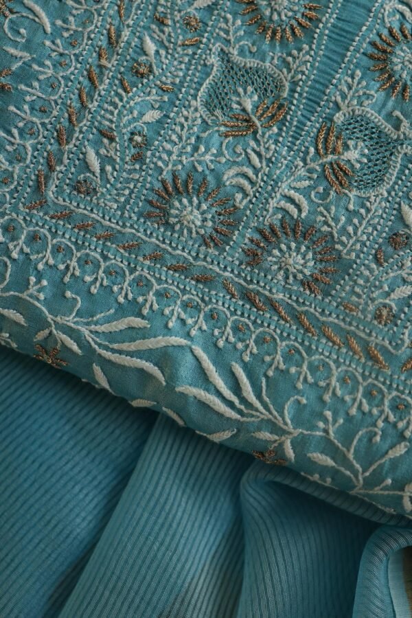 Blue Paper Tussar Resham Chikankari Unstitched Kurta Dupatta Set - Image 2