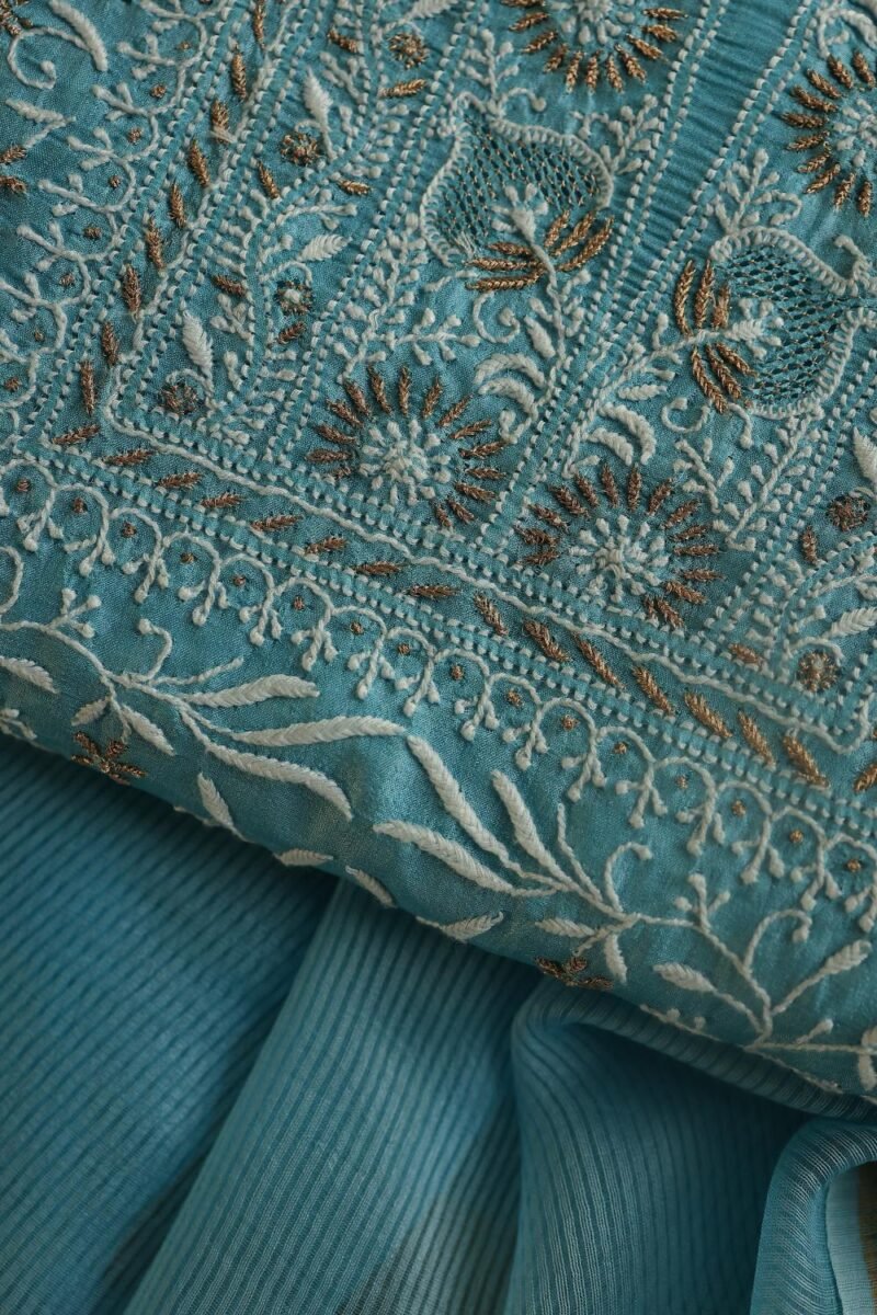 Blue Paper Tussar Resham Chikankari Unstitched Kurta Dupatta Set