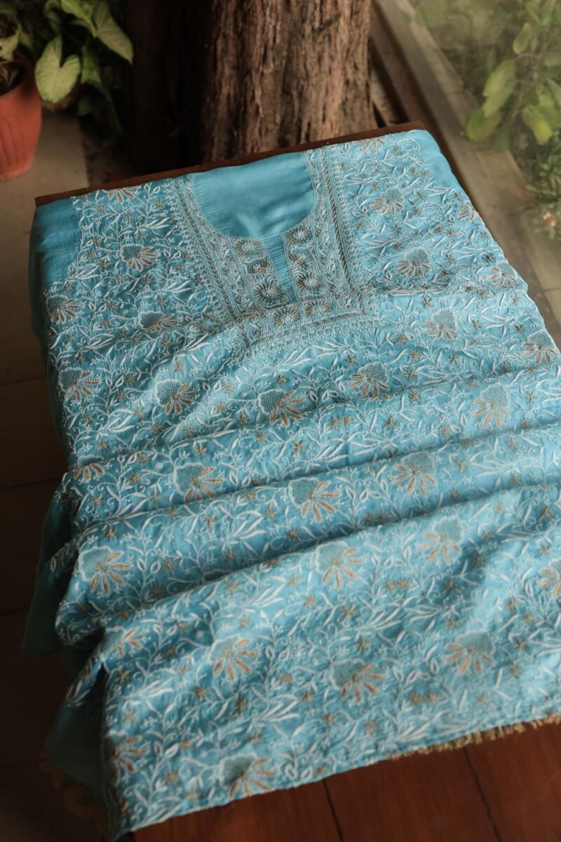 Blue Paper Tussar Resham Chikankari Unstitched Kurta Dupatta Set