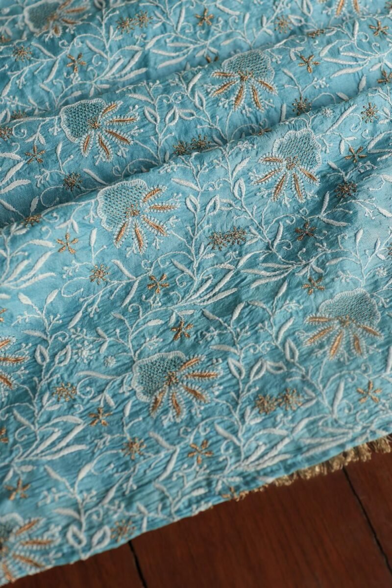 Blue Paper Tussar Resham Chikankari Unstitched Kurta Dupatta Set