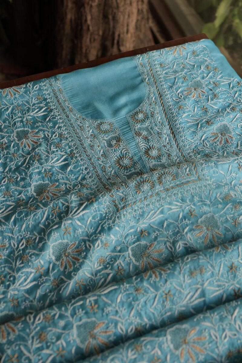 Blue Paper Tussar Resham Chikankari Unstitched Kurta Dupatta Set