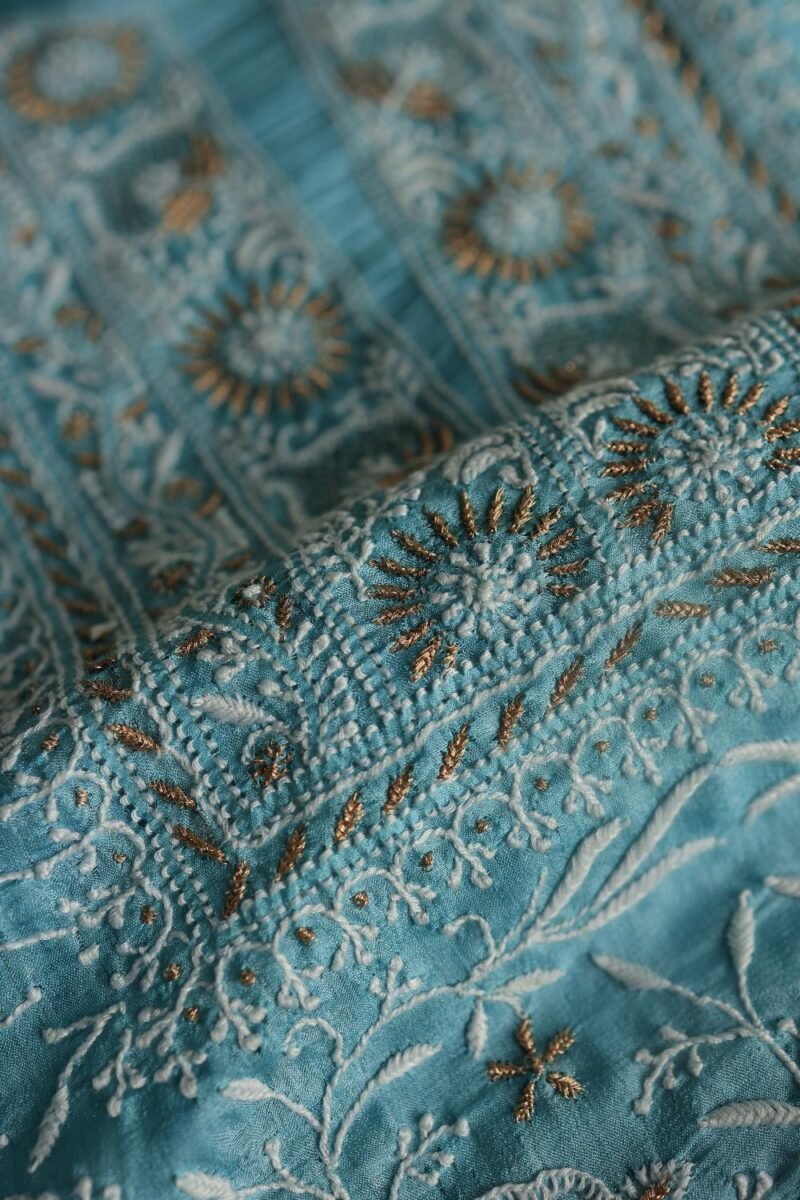 Blue Paper Tussar Resham Chikankari Unstitched Kurta Dupatta Set
