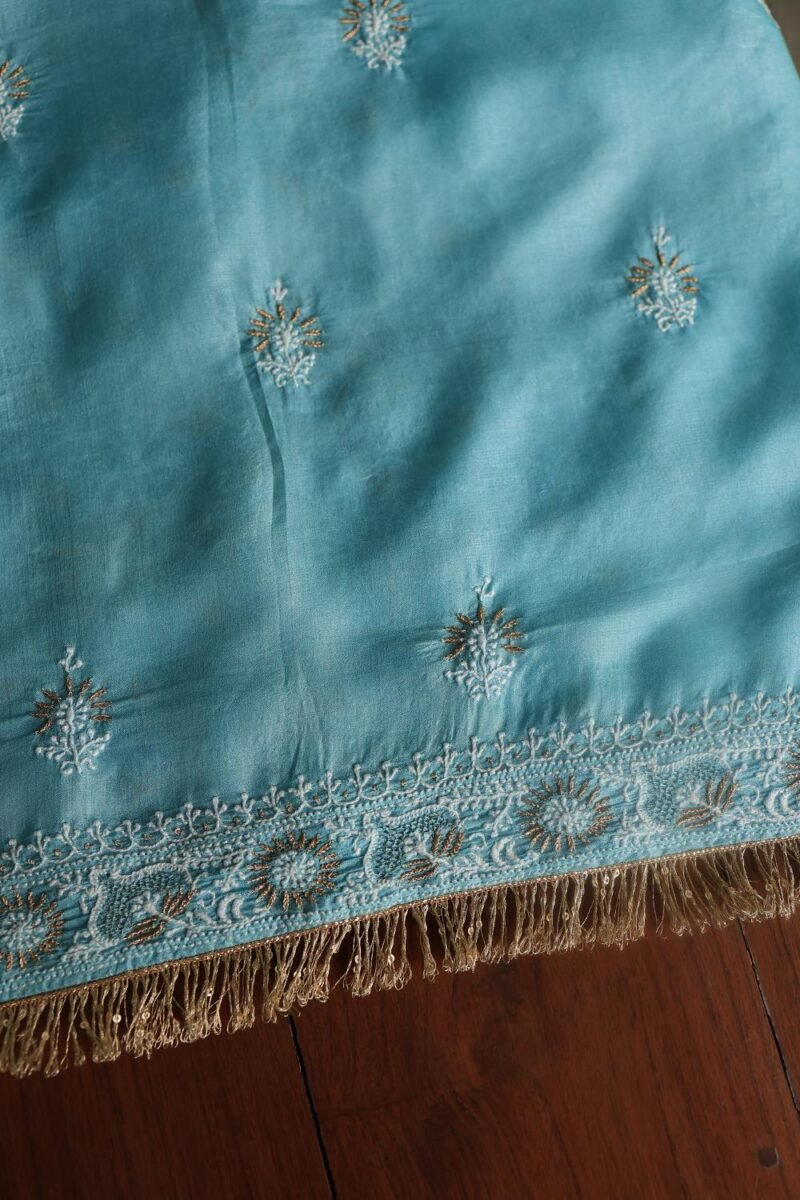 Blue Paper Tussar Resham Chikankari Unstitched Kurta Dupatta Set