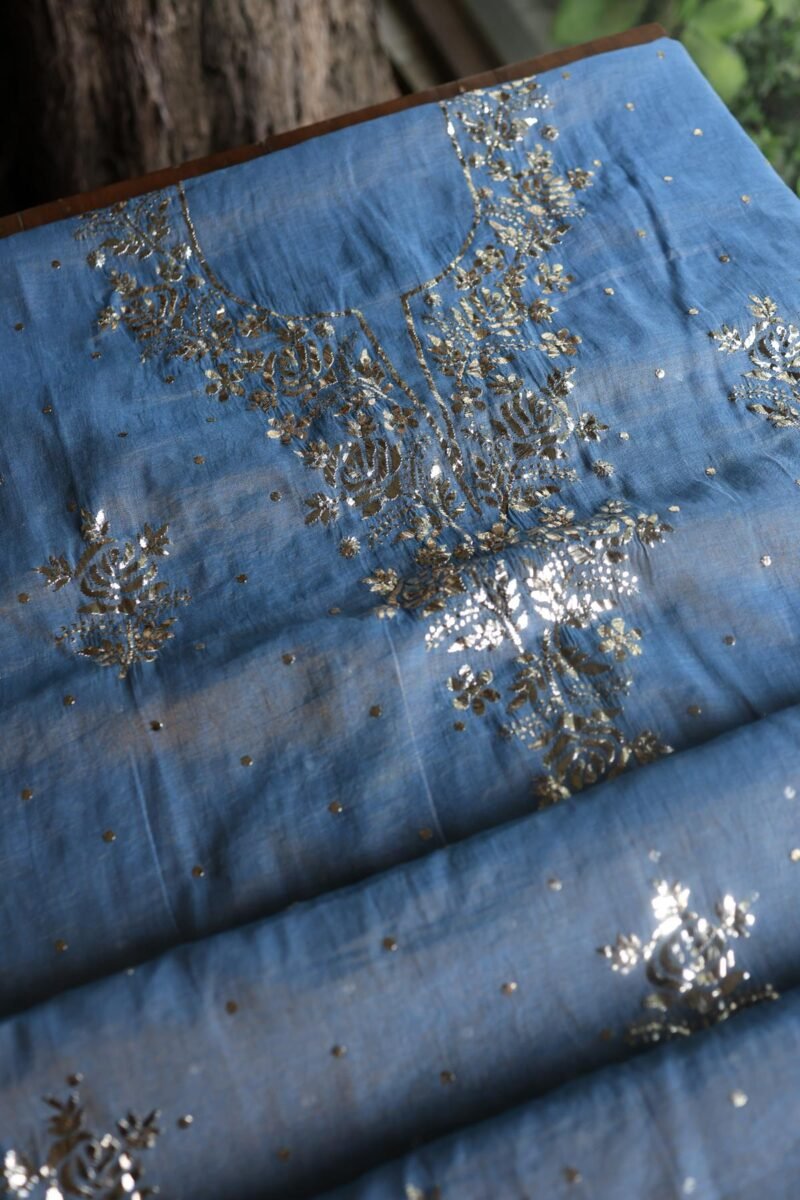 Blue Roheen Tissue Silk Mukaish Badla Fabric