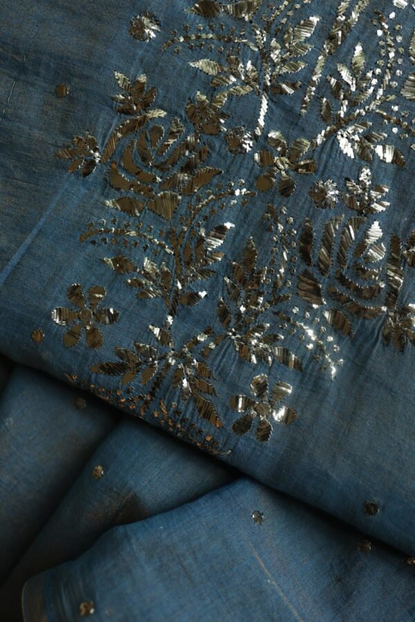 Blue Roheen Tissue Silk Mukaish Badla Fabric - Image 6