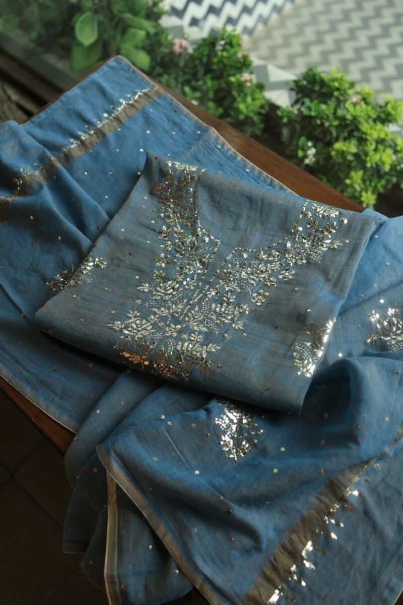 Blue Roheen Tissue Silk Mukaish Badla Fabric