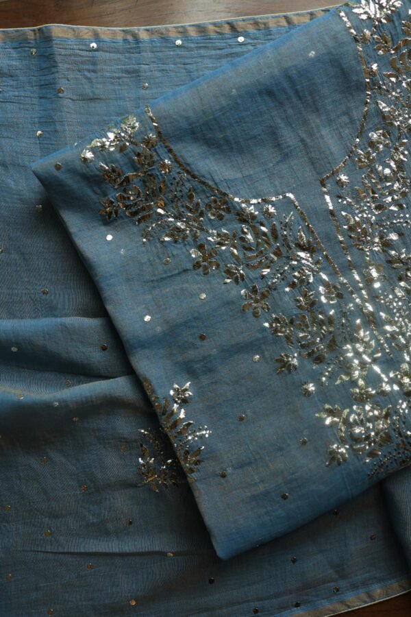Blue Roheen Tissue Silk Mukaish Badla Fabric - Image 3
