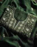 Bottle Green Mal Chanderi Silk Chikankari With Sequins Unstitched Kurta Dupatta Set