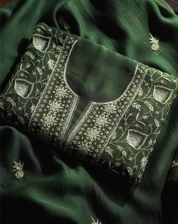 Bottle Green Mal Chanderi Silk Chikankari With Sequins Unstitched Kurta Dupatta Set
