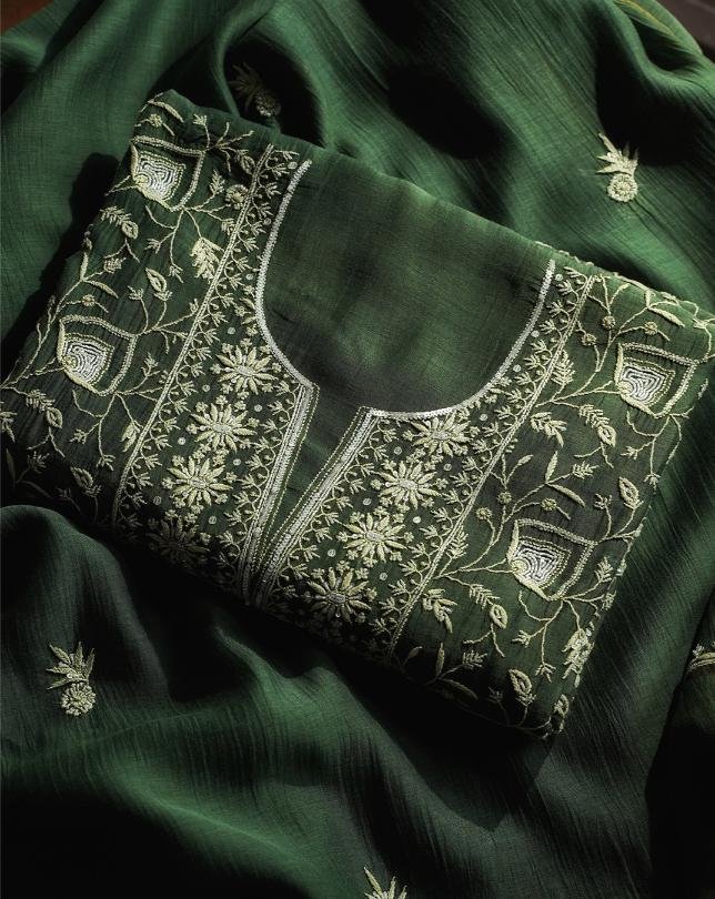 Bottle Green Mal Chanderi Silk Chikankari With Sequins Unstitched Kurta Dupatta Set