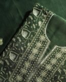 Bottle Green Mal Chanderi Silk Chikankari With Sequins Unstitched Kurta Dupatta Set
