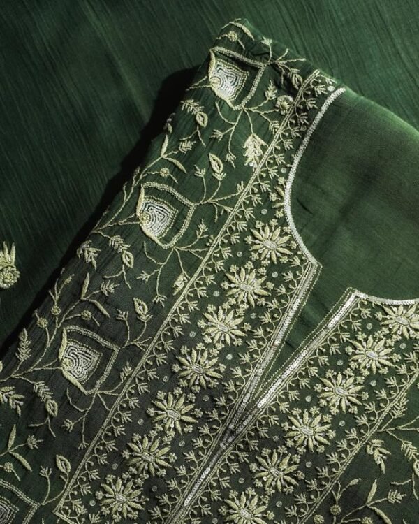 Bottle Green Mal Chanderi Silk Chikankari With Sequins Unstitched Kurta Dupatta Set - Image 3