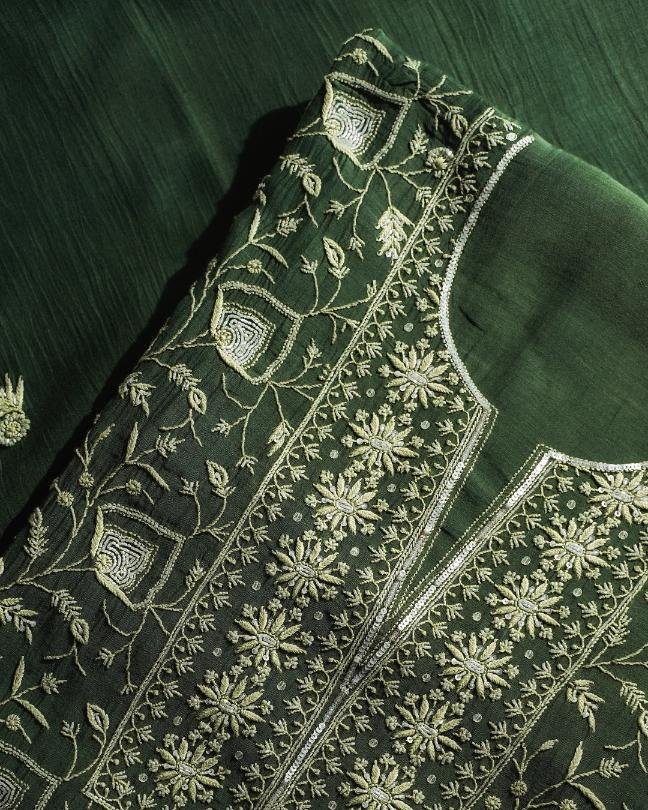 Bottle Green Mal Chanderi Silk Chikankari With Sequins Unstitched Kurta Dupatta Set