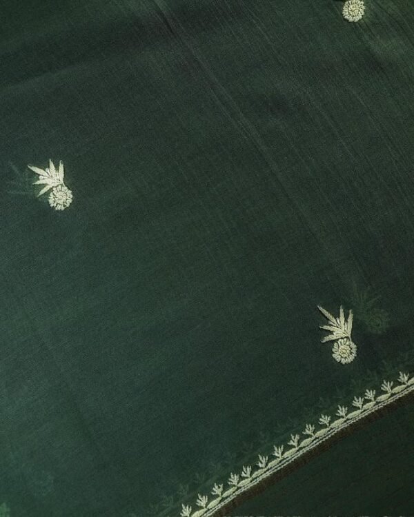 Bottle Green Mal Chanderi Silk Chikankari With Sequins Unstitched Kurta Dupatta Set - Image 4