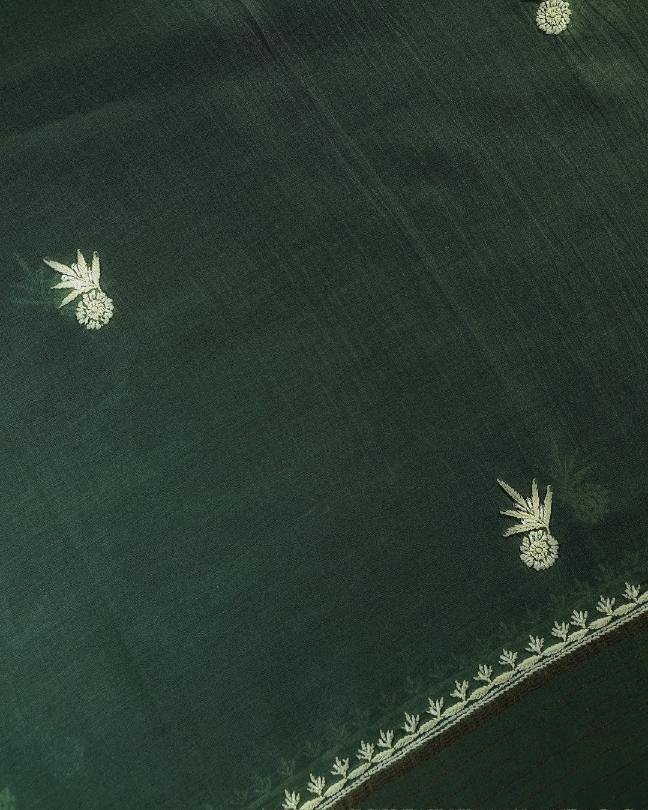 Bottle Green Mal Chanderi Silk Chikankari With Sequins Unstitched Kurta Dupatta Set