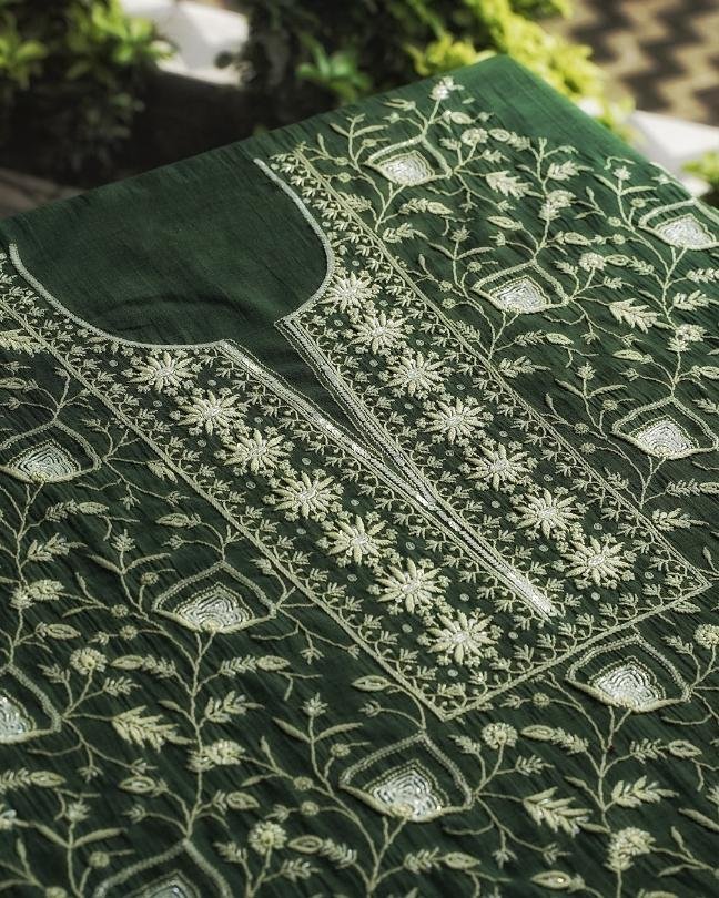 Bottle Green Mal Chanderi Silk Chikankari With Sequins Unstitched Kurta Dupatta Set