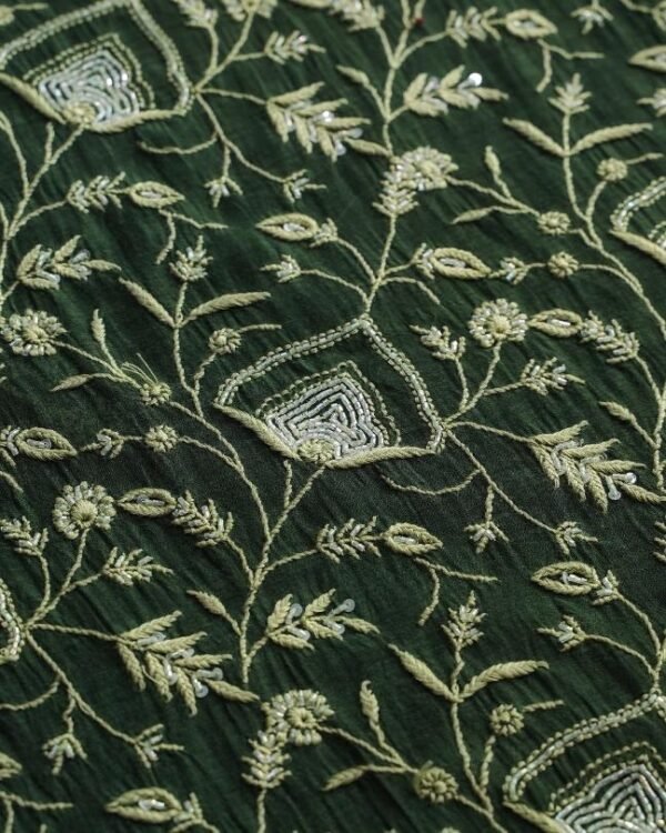 Bottle Green Mal Chanderi Silk Chikankari With Sequins Unstitched Kurta Dupatta Set - Image 6