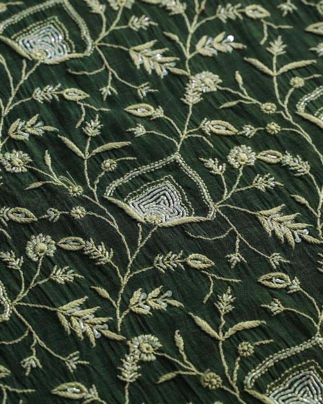 Bottle Green Mal Chanderi Silk Chikankari With Sequins Unstitched Kurta Dupatta Set